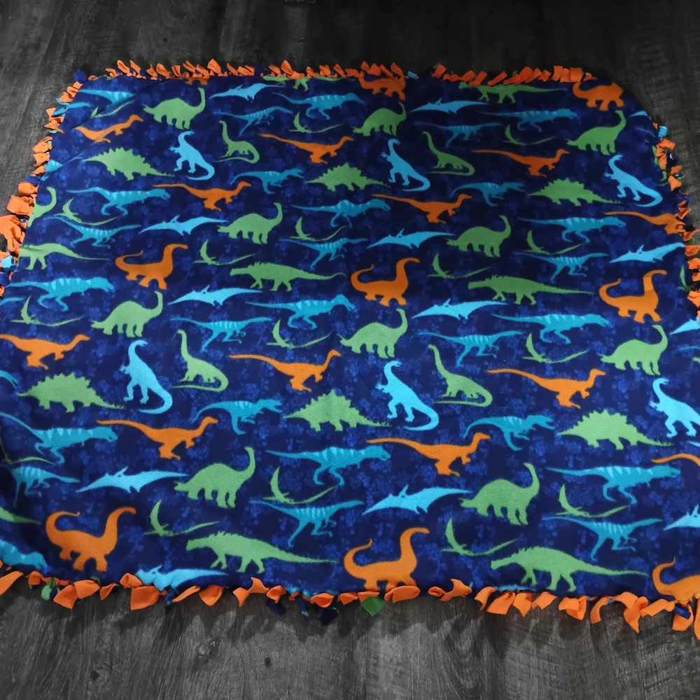 Kids Dinosaur Homemade Tie Blanket - Blue and Orange